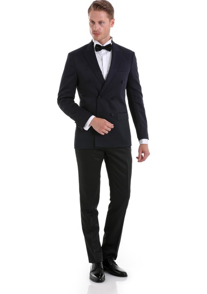 Lacivert Slim Fit Düz Sivri Yaka Klasik Kruvaze Smokin Damatlık