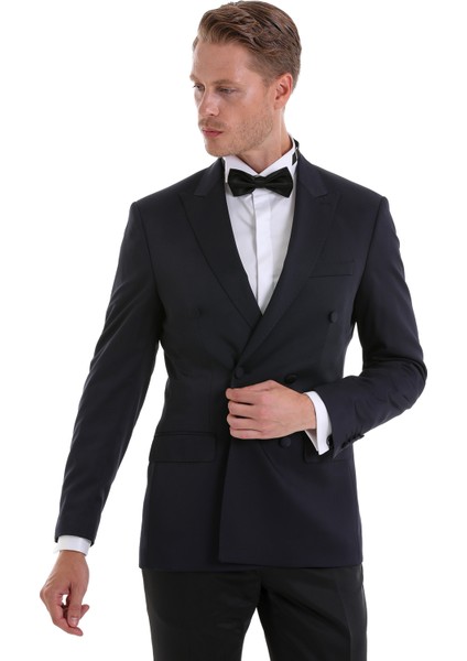 Lacivert Slim Fit Düz Sivri Yaka Klasik Kruvaze Smokin Damatlık modelleri