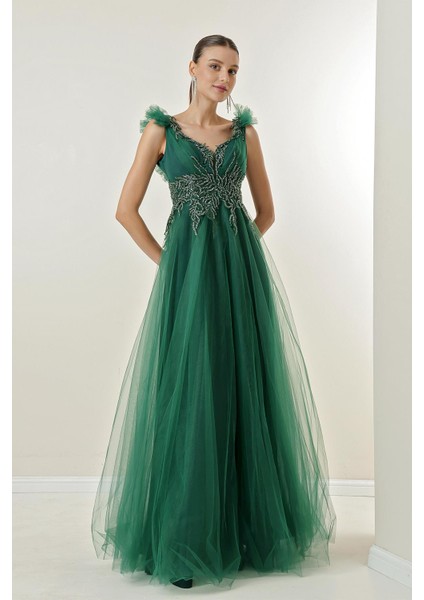 Arkası Bağlamalı Boncuk Işlemeli Astarlı Tül Uzun Elbise