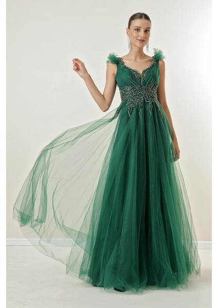 Arkası Bağlamalı Boncuk Işlemeli Astarlı Tül Uzun Elbise fiyatları