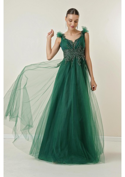 Arkası Bağlamalı Boncuk Işlemeli Astarlı Tül Uzun Elbise modelleri