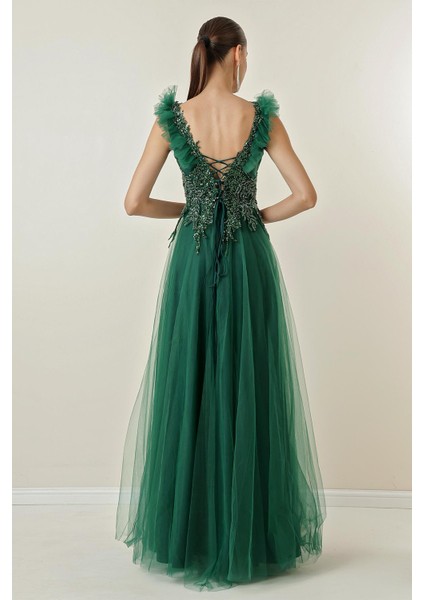 Arkası Bağlamalı Boncuk Işlemeli Astarlı Tül Uzun Elbise indirimleri