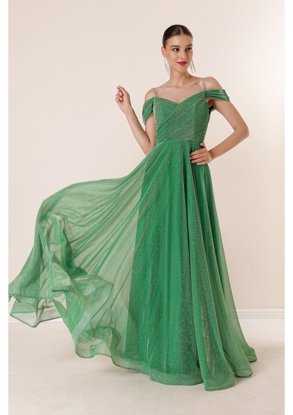 Askılı Düşük Kollu Astarlı Geniş Beden Aralıklı Uzun Simli Elbise