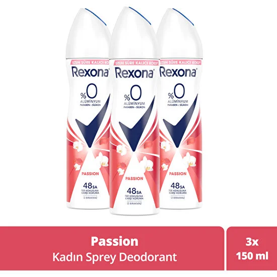 Rexona Kadın Sprey Deodorant Passion %0 Alüminyum 48 Saat Ter Kokusuna Karşı Koruma 150 ml x3