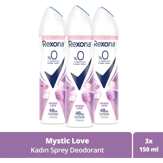 Rexona Kadın Sprey Deodorant Mystic Love %0 Alüminyum 48 Saat Ter Kokusuna Karşı Koruma 150 ml x3