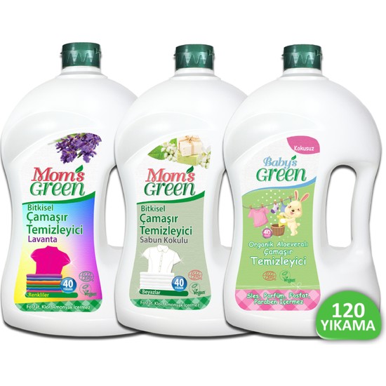 Mom's Green 3'lü Set Bitkisel Çamaşır Temizleyici Renkliler -Bebek Çamaşır Temizleyici-Sabun Kokulu Çamaşır Temizleyici 3x1500ml (120 Yıkama)
