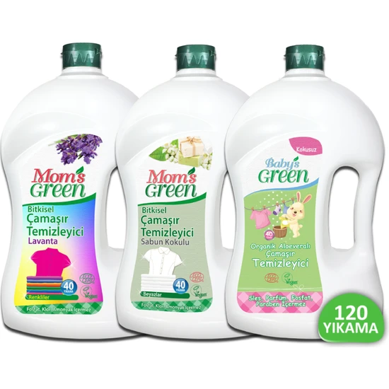 Mom's Green 3'lü Set Bitkisel Çamaşır Temizleyici Renkliler - Bebek Çamaşır Temizleyici- Sabun Kokulu Çamaşır Temizleyici 3*1500ml // 120 Yıkama