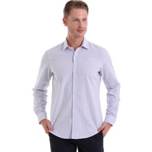 Hatemoğlu Lila Ç. Comfort Fit Çizgili Pamuklu Slim Yaka Uzun Kollu Spor Gömlek