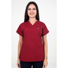 Deniz İş Kadın Terikoton Yarasa Kol Bordo Renk Scrubs Tek Üst