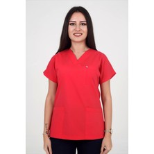 Deniz İş Kadın Terrycoton Yarasa Kol Nar Çiçeği Rengi Scrubs Tek Üst