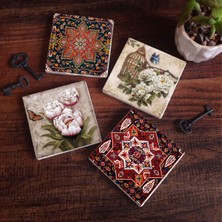 Pinecone Stone Desen, Kelebekli Çiçek Taş Bardak Altlığı – 4’lü Set, 10x10 cm Dekoratif Masaüstü Koruyucu Doğaltaş Altlık |SC497|