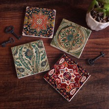 Pinecone Vintage Desen Taş Bardak Altlığı Masaüstü Koruyucu Altlık 4 Parça Set 10x10cm Stone Coasters SC499