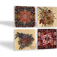 Pinecone Vintage Çiçek, Desen Taş Bardak Altlığı Masaüstü Koruyucu Altlık 4 Parça Set 10x10cm Stone Coasters SC501