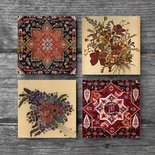Pinecone Vintage Çiçek, Desen Taş Bardak Altlığı Masaüstü Koruyucu Altlık 4 Parça Set 10x10cm Stone Coasters SC501