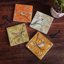 Pinecone Serçe Kuş Taş Bardak Altlığı Masaüstü Koruyucu Altlık 4 Parça Set 10x10cm Stone Coasters SC101