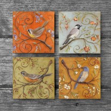 Pinecone Serçe Kuş Taş Bardak Altlığı Masaüstü Koruyucu Altlık 4 Parça Set 10x10cm Stone Coasters SC101