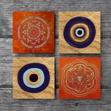 Pinecone Nazar, Sri Yantra, Mandala Taş Bardak Altlığı Masaüstü Koruyucu Altlık 4 Parça Set 10x10cm Stone Coasters SC302