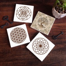 Pinecone Yaşam Çiçeği, Sri Yantra, Hayat Ağacı Taş Bardak Altlığı Masaüstü Koruyucu Altlık 4 Parça Set 10x10cm Stone Coasters SC104
