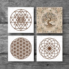 Pinecone Yaşam Çiçeği, Sri Yantra, Hayat Ağacı Taş Bardak Altlığı Masaüstü Koruyucu Altlık 4 Parça Set 10x10cm Stone Coasters SC104