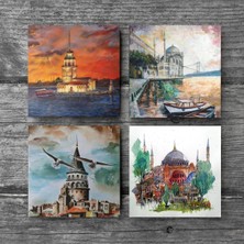 Pinecone İstanbul Ayasofya, Galata Kulesi, Kız Kulesi, Ortaköy Taş Bardak Altlığı Masaüstü Koruyucu Altlık 4 Parça Set 10x10cm Stone Coasters SC105