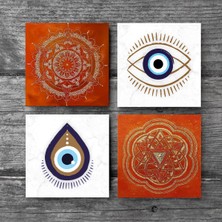 Pinecone Nazar, Sri Yantra, Mandala Taş Bardak Altlığı Masaüstü Koruyucu Altlık 4 Parça Set 10x10cm Stone Coasters SC304