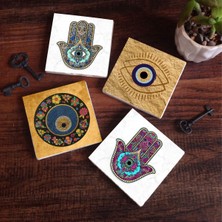 Pinecone Nazar, Fatma Ana Eli (Hamsa) Taş Bardak Altlığı Masaüstü Koruyucu Altlık 4 Parça Set 10x10cm Stone Coasters SC511