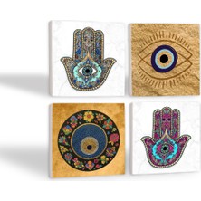 Pinecone Nazar, Fatma Ana Eli (Hamsa) Taş Bardak Altlığı Masaüstü Koruyucu Altlık 4 Parça Set 10x10cm Stone Coasters SC511