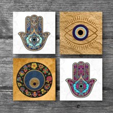 Pinecone Nazar, Fatma Ana Eli (Hamsa) Taş Bardak Altlığı Masaüstü Koruyucu Altlık 4 Parça Set 10x10cm Stone Coasters SC511