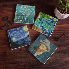 Pinecone Van Gogh İrisler, Yıldızlı Gece, Badem Ağacı, Otoportre Taş Bardak Altlığı Masaüstü Koruyucu Altlık 4 Parça Set 10x10cm Stone Coasters SC110
