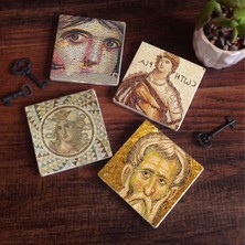 Pinecone Soteria Mozaiği, Çingene Kızı, Mozaik Serisi Taş Bardak Altlığı Masaüstü Koruyucu Altlık 4 Parça Set 10x10cm Stone Coasters SC121