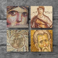 Pinecone Soteria Mozaiği, Çingene Kızı, Mozaik Serisi Taş Bardak Altlığı Masaüstü Koruyucu Altlık 4 Parça Set 10x10cm Stone Coasters SC121