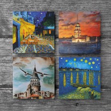 Pinecone Van Gogh Ren Nehri, Kafe Terasta Gece, İstanbul Galata Kulesi, Kız Kulesi Taş Bardak Altlığı Masaüstü Koruyucu Altlık 4 Parça Set 10x10cm Stone Coasters SC327