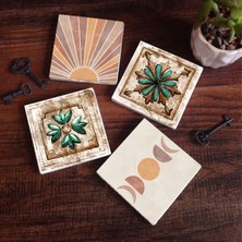 Pinecone Stone Minimalist Soyut, Fas Desenli Vintage Taş Bardak Altlığı – 4’lü Set, 10x10 cm Dekoratif Masaüstü Koruyucu Doğaltaş Altlık |SC339|