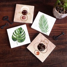 Pinecone Minimalist Soyut, Yaprak Taş Bardak Altlığı Masaüstü Koruyucu Altlık 4 Parça Set 10x10cm Stone Coasters SC348