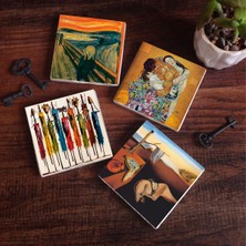 Pinecone Stone Salvador Dalí Belleğin Azmi, Çığlık, Yerli Kadınlar, Gustav Klimt Aile Kucaklama Taş Bardak Altlığı – 4’lü Set, 10x10 cm Dekoratif Masaüstü Koruyucu Doğaltaş Altlık |SC579|