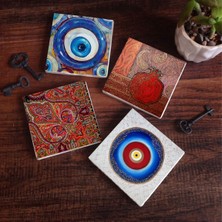 Pinecone Nazar, Desen, Nar Taş Bardak Altlığı Masaüstü Koruyucu Altlık 4 Parça Set 10x10cm Stone Coasters SC375