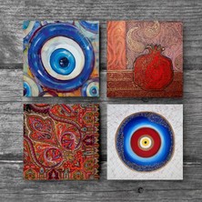 Pinecone Nazar, Desen, Nar Taş Bardak Altlığı Masaüstü Koruyucu Altlık 4 Parça Set 10x10cm Stone Coasters SC375