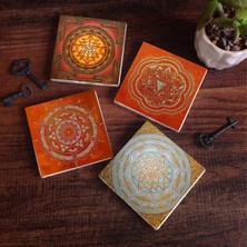 Pinecone Stone Sri Yantra, Mandala Taş Bardak Altlığı – 4’lü Set, 10x10 cm Dekoratif Masaüstü Koruyucu Doğaltaş Altlık |SC181|