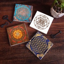 Pinecone Yaşam Çiçeği, Sri Yantra Taş Bardak Altlığı Masaüstü Koruyucu Altlık 4 Parça Set 10x10cm Stone Coasters SC184