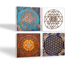 Pinecone Yaşam Çiçeği, Sri Yantra Taş Bardak Altlığı Masaüstü Koruyucu Altlık 4 Parça Set 10x10cm Stone Coasters SC184