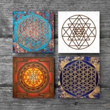 Pinecone Yaşam Çiçeği, Sri Yantra Taş Bardak Altlığı Masaüstü Koruyucu Altlık 4 Parça Set 10x10cm Stone Coasters SC184