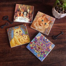 Pinecone Louis Wain Kediler Taş Bardak Altlığı Masaüstü Koruyucu Altlık 4 Parça Set 10x10cm Stone Coasters SC213