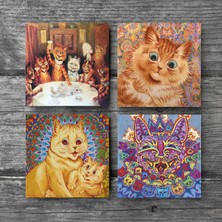 Pinecone Louis Wain Kediler Taş Bardak Altlığı Masaüstü Koruyucu Altlık 4 Parça Set 10x10cm Stone Coasters SC213