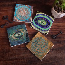 Pinecone Nazar, Yaşam Çiçeği Taş Bardak Altlığı Masaüstü Koruyucu Altlık 4 Parça Set 10x10cm Stone Coasters SC216