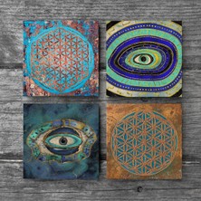 Pinecone Nazar, Yaşam Çiçeği Taş Bardak Altlığı Masaüstü Koruyucu Altlık 4 Parça Set 10x10cm Stone Coasters SC216