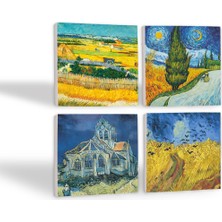 Pinecone Van Gogh Hasat Manzarası, Yıldızlı Yol, Buğday Tarlası ve Kargalar, Kilise Taş Bardak Altlığı Masaüstü Koruyucu Altlık 4 Parça Set 10x10cm Stone Coasters SC225