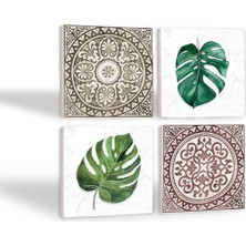 Pinecone Etnik Desen, Yaprak Taş Bardak Altlığı Masaüstü Koruyucu Altlık 4 Parça Set 10x10cm Stone Coasters SC423