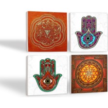 Pinecone Sri Yantra, Fatma Ana Eli (Hamsa) Taş Bardak Altlığı Masaüstü Koruyucu Altlık 4 Parça Set 10x10cm Stone Coasters SC232