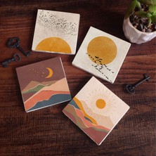 Pinecone Minimalist, Bohem Taş Bardak Altlığı Masaüstü Koruyucu Altlık 4 Parça Set 10x10cm Stone Coasters SC234