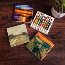 Pinecone Stone Van Gogh Hollanda'da Lale Tarlaları, Çığlık, Yerli Kadınlar, Deniz Manzarası Taş Bardak Altlığı – 4’lü Set, 10x10 cm Dekoratif Masaüstü Koruyucu Doğaltaş Altlık |SC433|